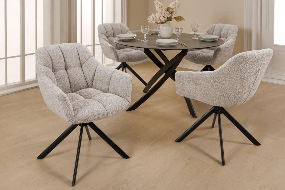 Set 2 scaune rotative cu brate  tapitat cu Stofa boucle Bej si picioare din Metal Negru H83xL65xA66cm Papillon