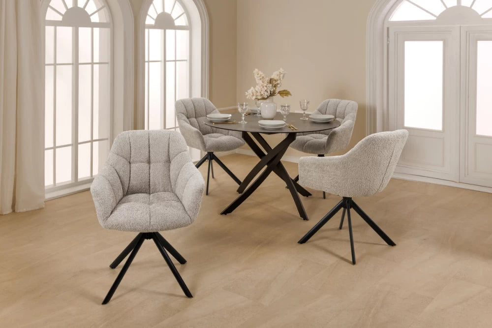 Set 2 scaune rotative cu brate  tapitat cu Stofa boucle Bej si picioare din Metal Negru H83xL65xA66cm Papillon