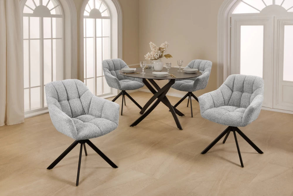 Set 2 scaune rotative cu brate  tapitat cu Stofa boucle Gri si picioare din Metal Negru H83xL65xA66cm Papillon