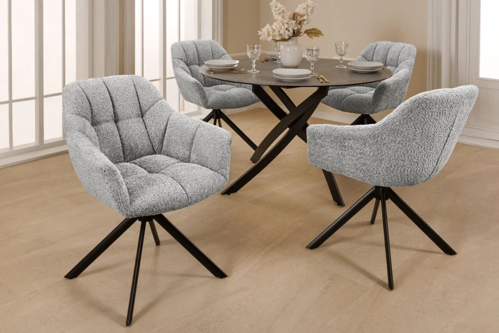 Set 2 scaune rotative cu brate  tapitat cu Stofa boucle Gri si picioare din Metal Negru H83xL65xA66cm Papillon