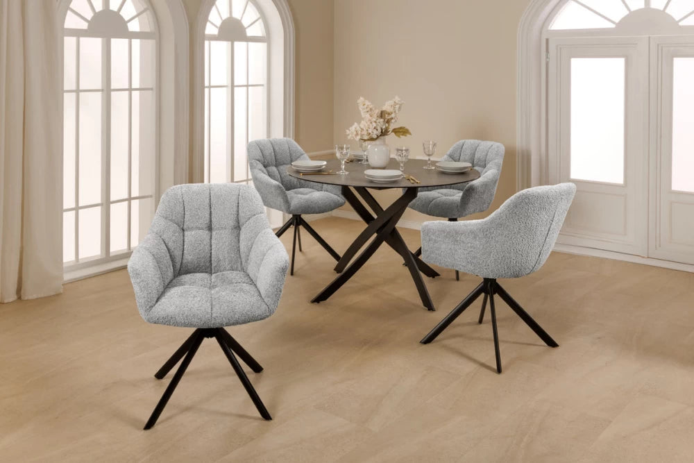 Set 2 scaune rotative cu brate  tapitat cu Stofa boucle Gri si picioare din Metal Negru H83xL65xA66cm Papillon