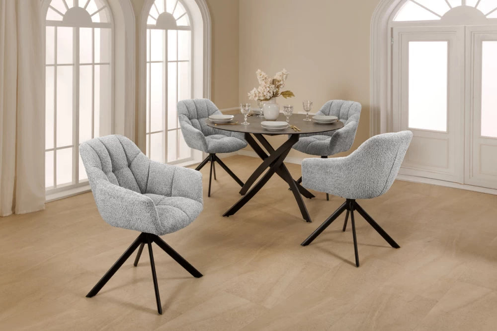 Set 2 scaune rotative cu brate  tapitat cu Stofa boucle Gri si picioare din Metal Negru H83xL65xA66cm Papillon