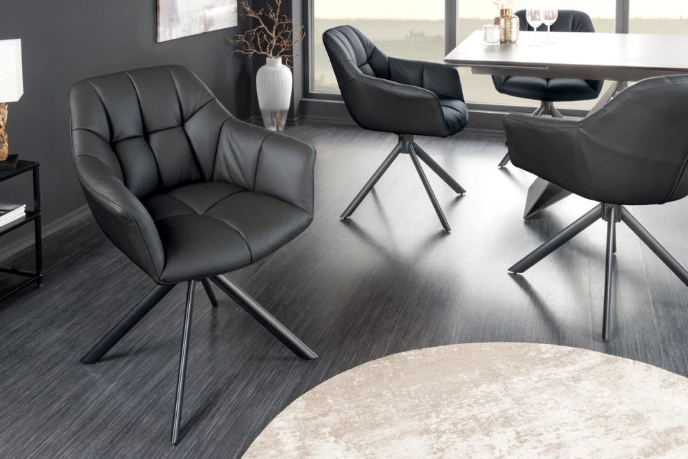Set 2 scaune rotative cu brate  tapitat cu Piele naturala Negru si picioare din Metal Negru H83xL65xA66cm Papillon