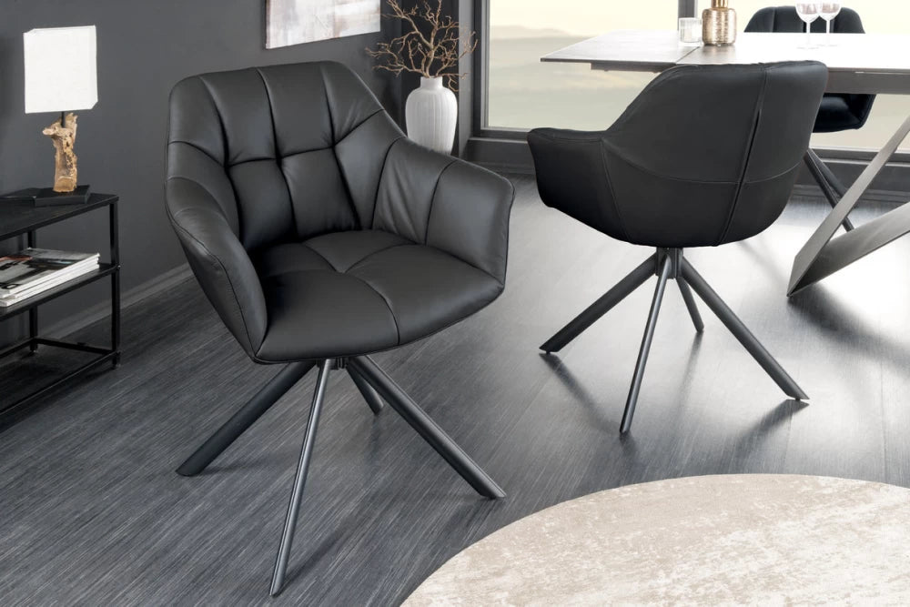Set 2 scaune rotative cu brate  tapitat cu Piele naturala Negru si picioare din Metal Negru H83xL65xA66cm Papillon