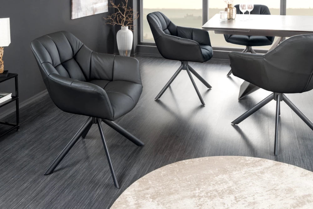 Set 2 scaune rotative cu brate  tapitat cu Piele naturala Negru si picioare din Metal Negru H83xL65xA66cm Papillon