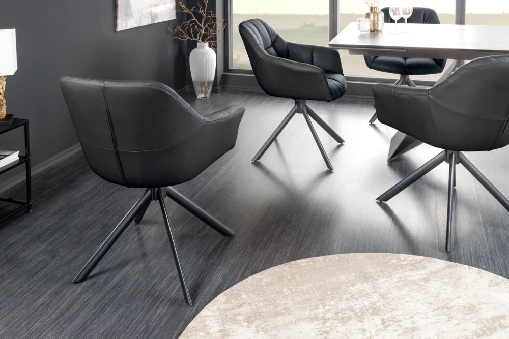 Set 2 scaune rotative cu brate  tapitat cu Piele naturala Negru si picioare din Metal Negru H83xL65xA66cm Papillon