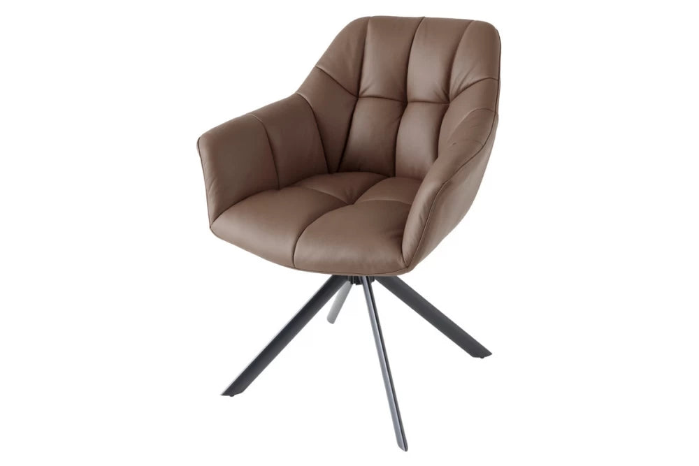 Set 2 scaune rotative cu brate  tapitat cu Piele naturala Maro si picioare din Metal Negru H83xL65xA66cm Papillon