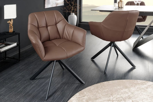 Set 2 scaune rotative cu brate  tapitat cu Piele naturala Maro si picioare din Metal Negru H83xL65xA66cm Papillon