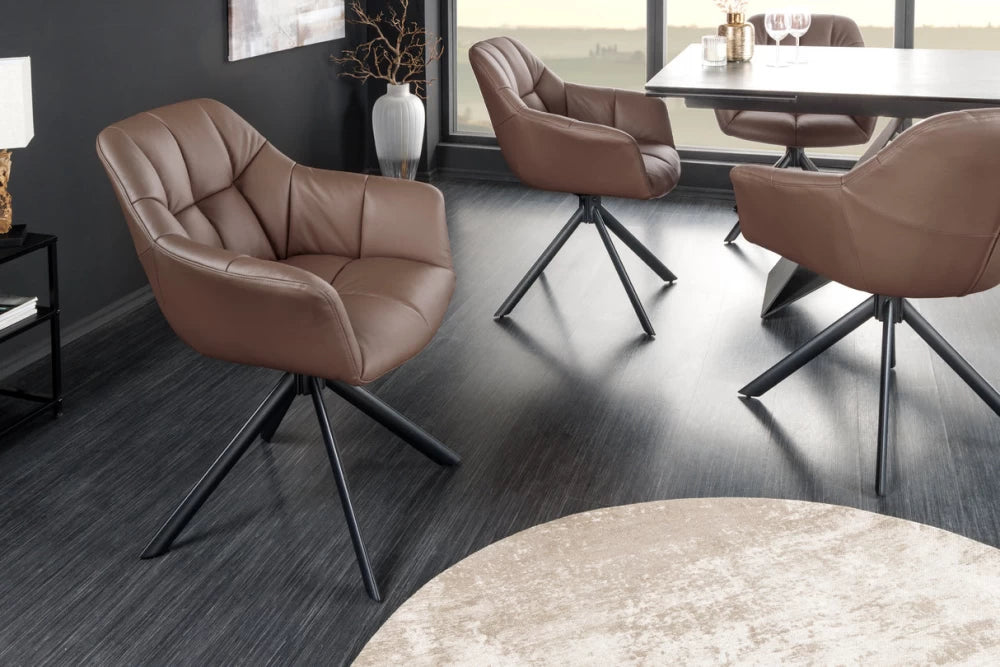 Set 2 scaune rotative cu brate  tapitat cu Piele naturala Maro si picioare din Metal Negru H83xL65xA66cm Papillon