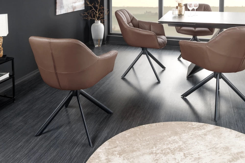 Set 2 scaune rotative cu brate  tapitat cu Piele naturala Maro si picioare din Metal Negru H83xL65xA66cm Papillon