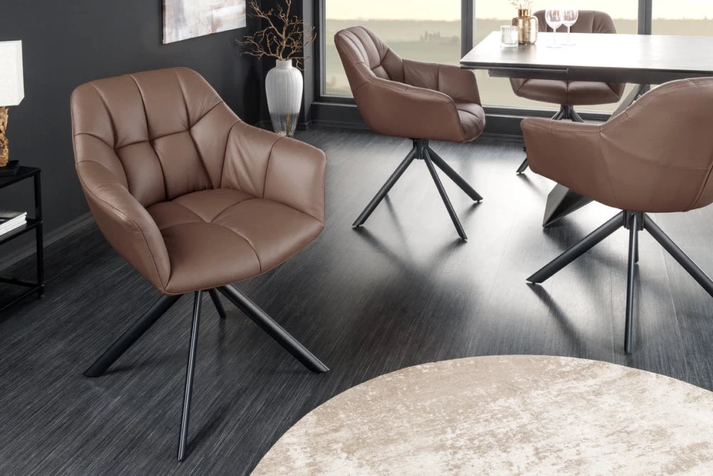 Set 2 scaune rotative cu brate  tapitat cu Piele naturala Maro si picioare din Metal Negru H83xL65xA66cm Papillon
