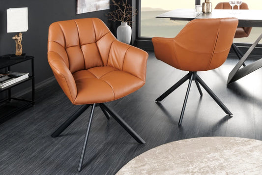 Set 2 scaune rotative cu brate tapitat cu Piele naturala Maro si picioare din Metal Negru H83xL65xA66cm Papillon