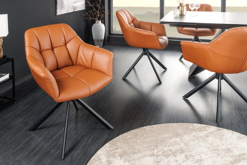Set 2 scaune rotative cu brate tapitat cu Piele naturala Maro si picioare din Metal Negru H83xL65xA66cm Papillon