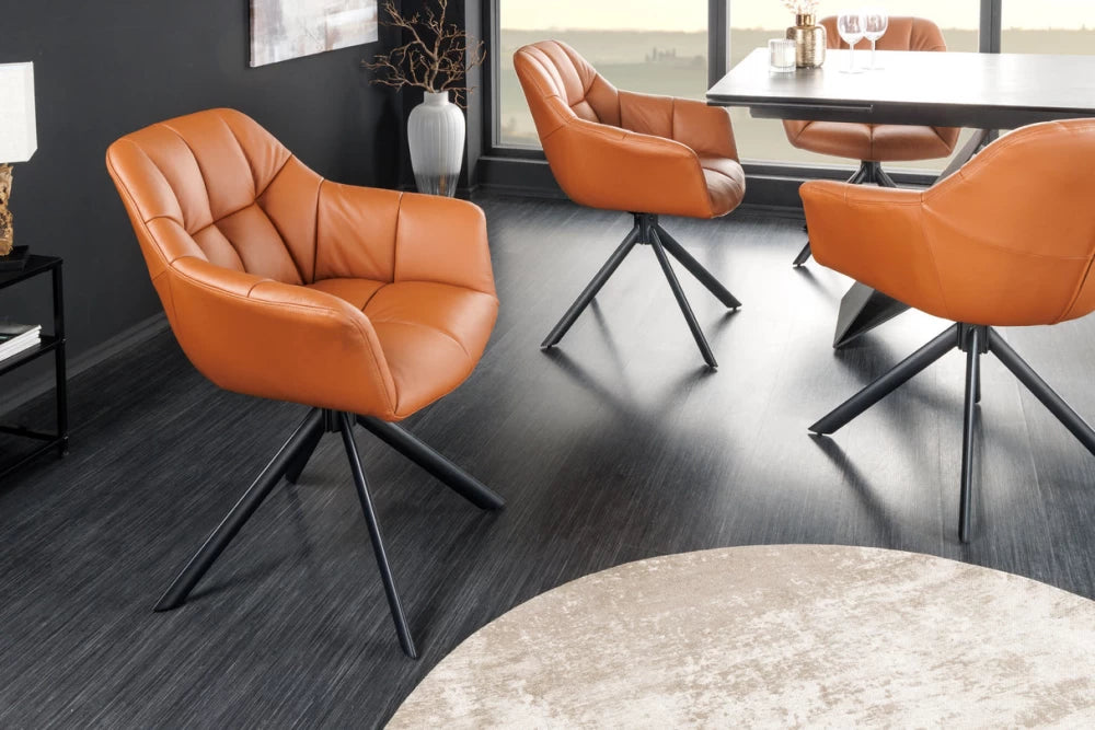 Set 2 scaune rotative cu brate tapitat cu Piele naturala Maro si picioare din Metal Negru H83xL65xA66cm Papillon