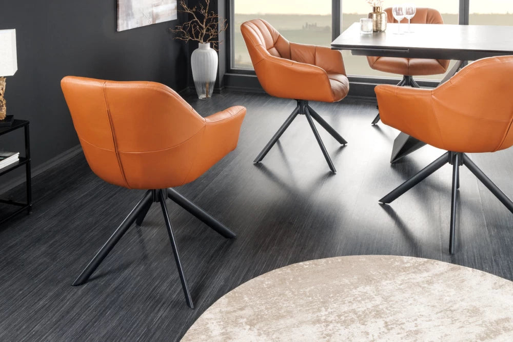 Set 2 scaune rotative cu brate tapitat cu Piele naturala Maro si picioare din Metal Negru H83xL65xA66cm Papillon