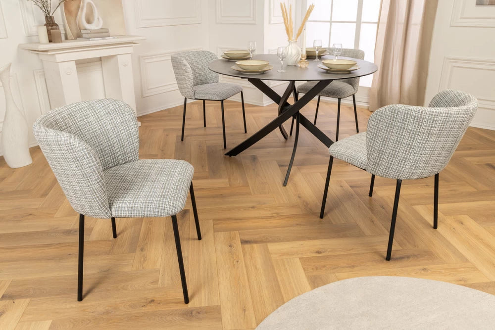 Set 2 scaune tapitat cu Stofa boucle Albastru si picioare din Metal Negru H75xL54xA58cm Lyon