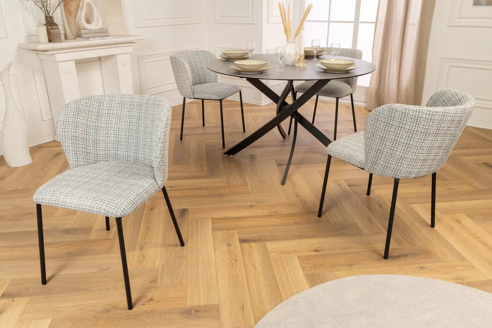 Set 2 scaune tapitat cu Stofa boucle Albastru si picioare din Metal Negru H75xL54xA58cm Lyon