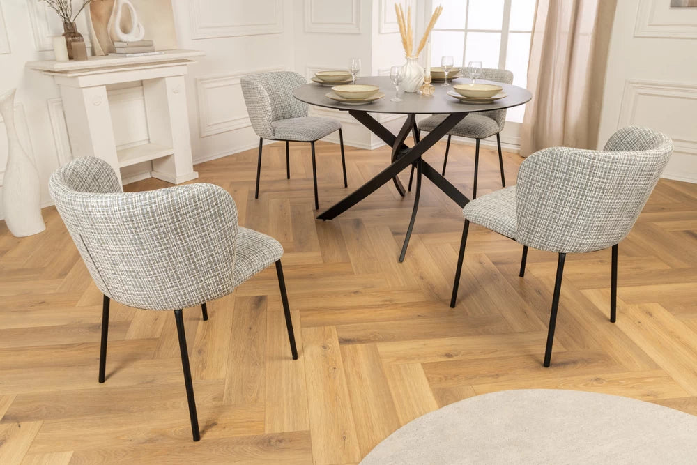 Set 2 scaune tapitat cu Stofa boucle Albastru si picioare din Metal Negru H75xL54xA58cm Lyon