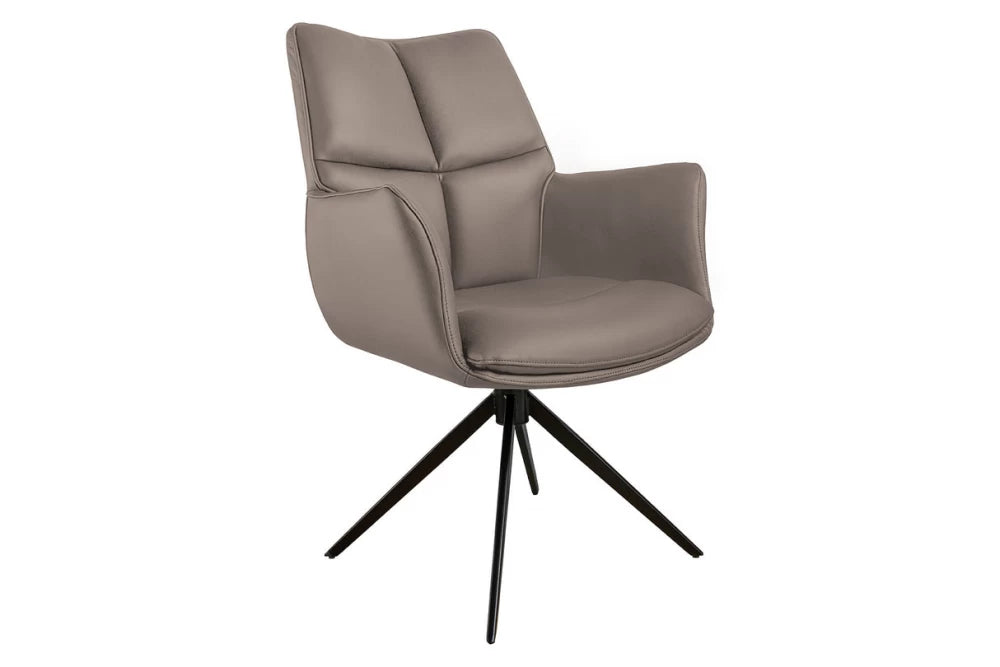 Scaun rotativ cu brate tapitat cu Piele naturala Maro si picioare din Metal Negru H89xL62xA64cm Papillon