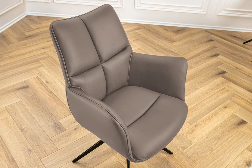 Scaun rotativ cu brate tapitat cu Piele naturala Maro si picioare din Metal Negru H89xL62xA64cm Papillon