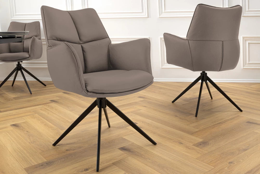 Scaun rotativ cu brate tapitat cu Piele naturala Maro si picioare din Metal Negru H89xL62xA64cm Papillon