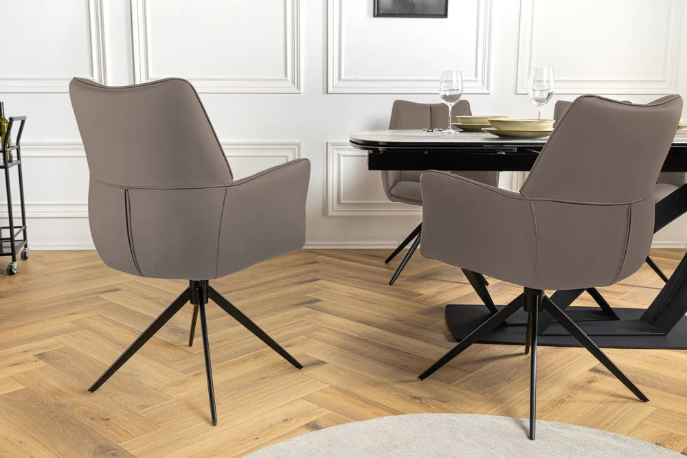 Scaun rotativ cu brate tapitat cu Piele naturala Maro si picioare din Metal Negru H89xL62xA64cm Papillon
