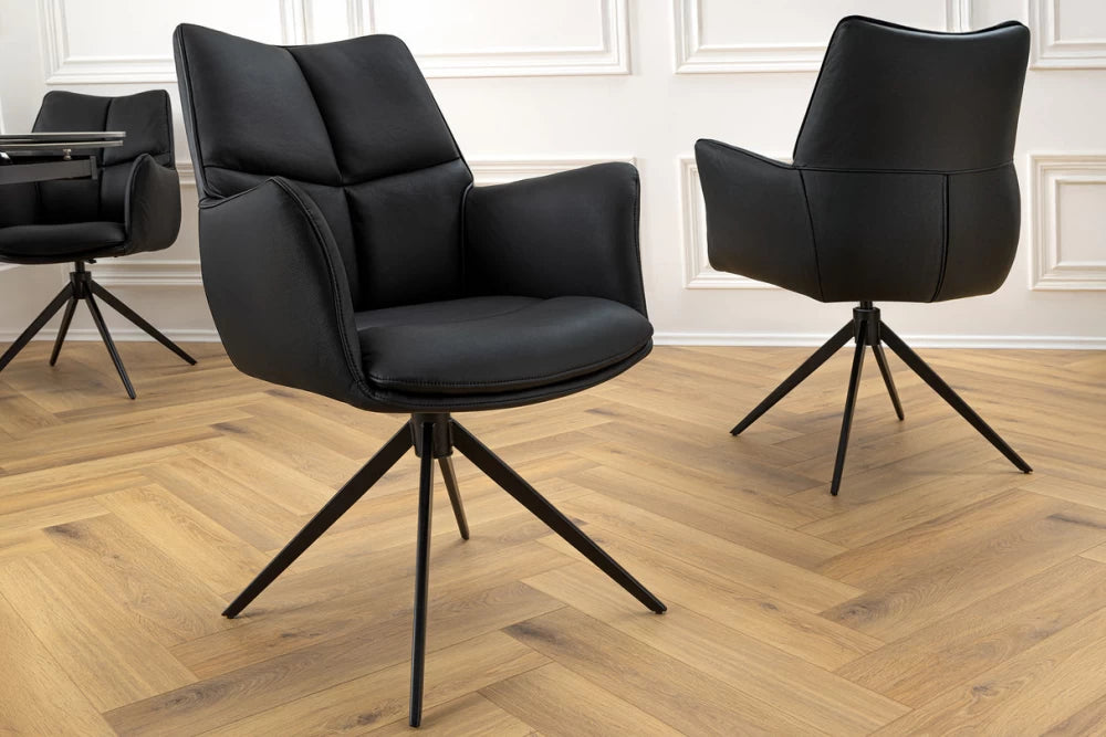 Scaun rotativ cu brate tapitat cu Piele naturala Negru si picioare din Metal Negru H89xL62xA64cm Papillon