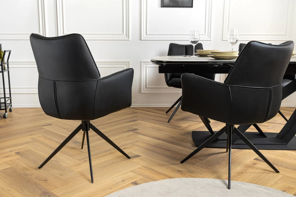Scaun rotativ cu brate tapitat cu Piele naturala Negru si picioare din Metal Negru H89xL62xA64cm Papillon