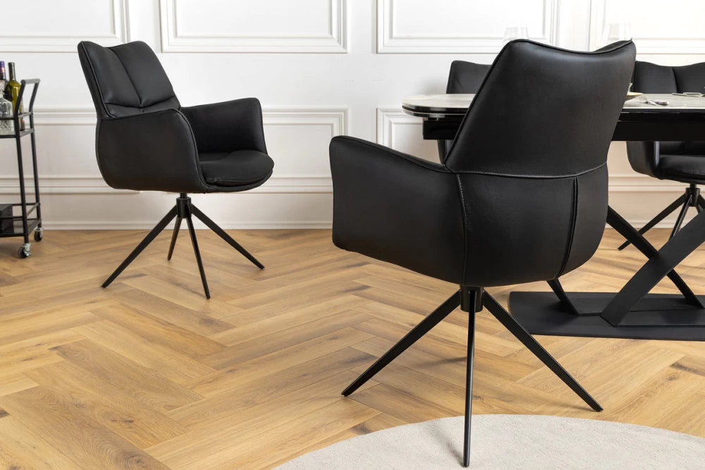 Scaun rotativ cu brate tapitat cu Piele naturala Negru si picioare din Metal Negru H89xL62xA64cm Papillon