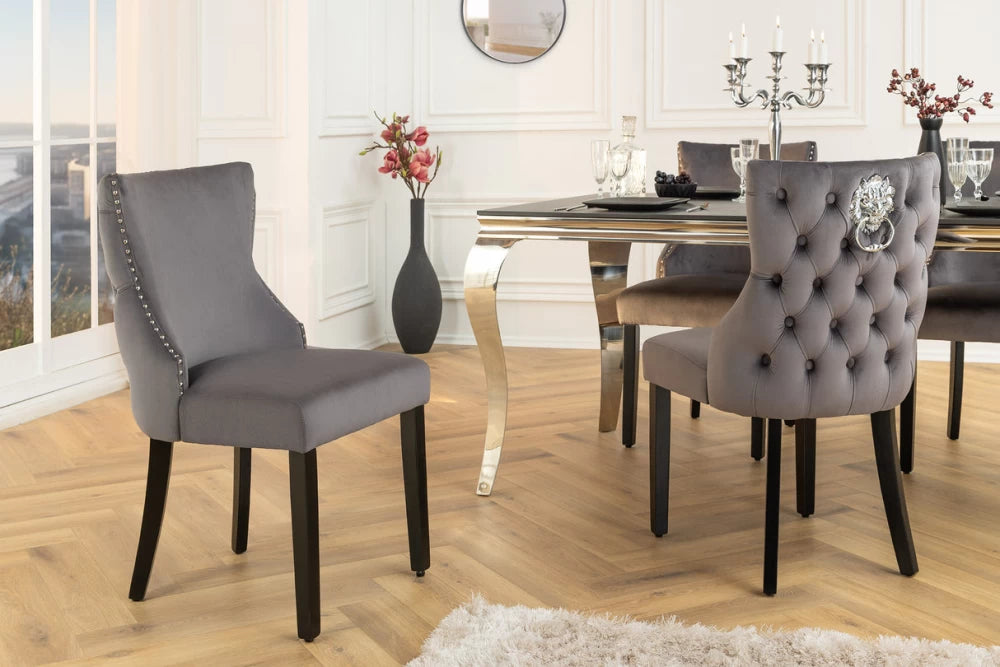 Set 2 scaune tapitat cu Catifea Gri si picioare din Lemn Negru H90xL50xA64cm Castle deluxe