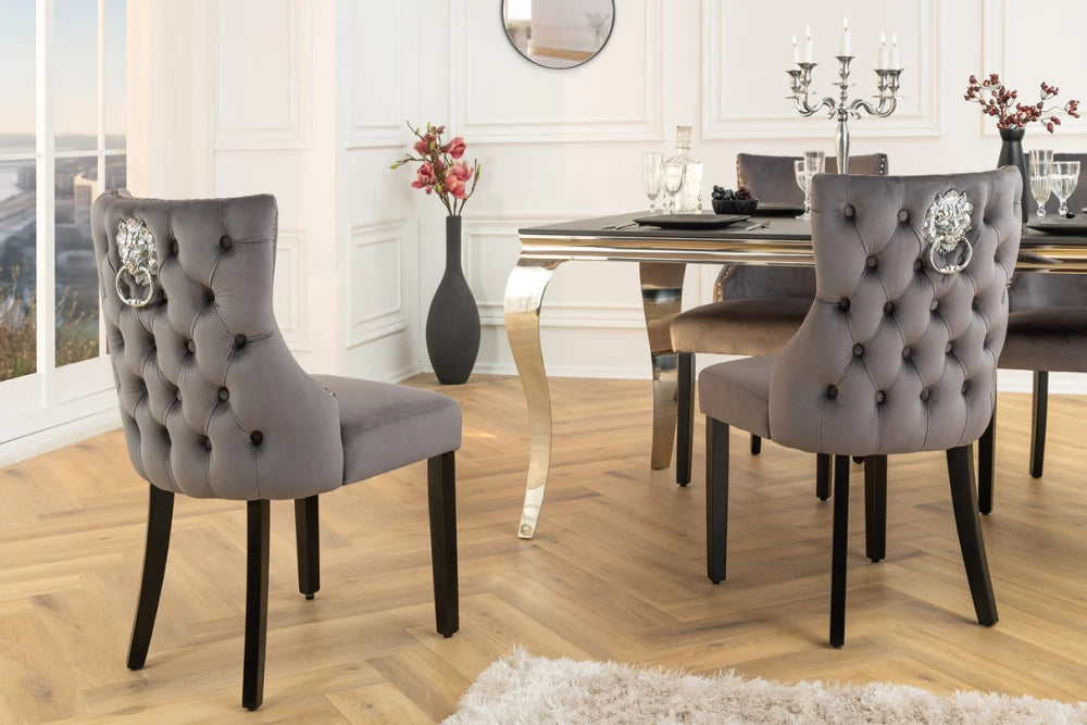 Set 2 scaune tapitat cu Catifea Gri si picioare din Lemn Negru H90xL50xA64cm Castle deluxe