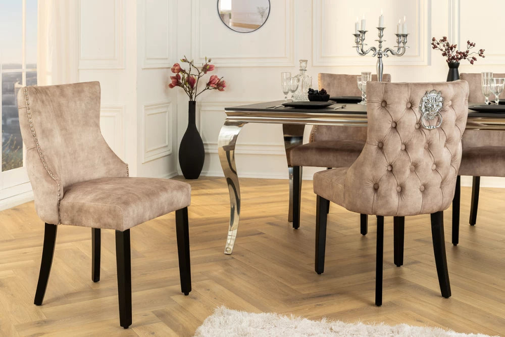 Set 2 scaune tapitat cu Catifea Bej si picioare din Lemn Negru H90xL50xA64cm Castle deluxe