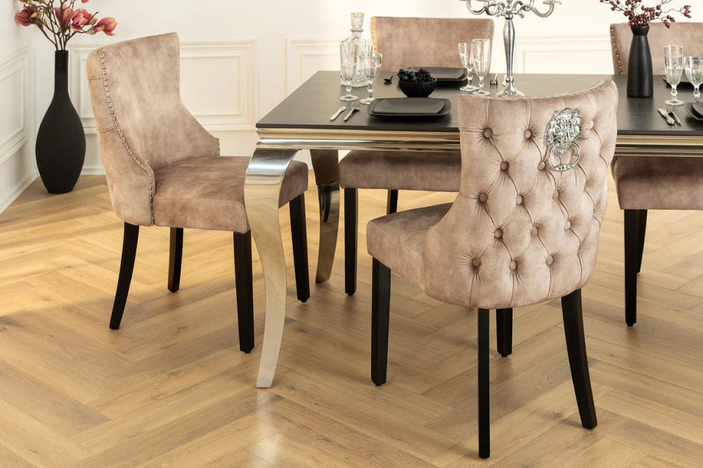 Set 2 scaune tapitat cu Catifea Bej si picioare din Lemn Negru H90xL50xA64cm Castle deluxe