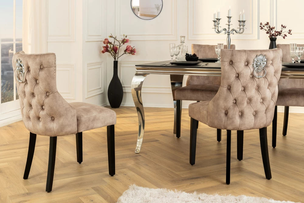Set 2 scaune tapitat cu Catifea Bej si picioare din Lemn Negru H90xL50xA64cm Castle deluxe