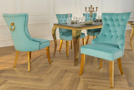 Set 2 scaune tapitat cu Catifea Albastru deschis si picioare din Otel inoxidabil Auriu H96xL57xA63cm Castle
