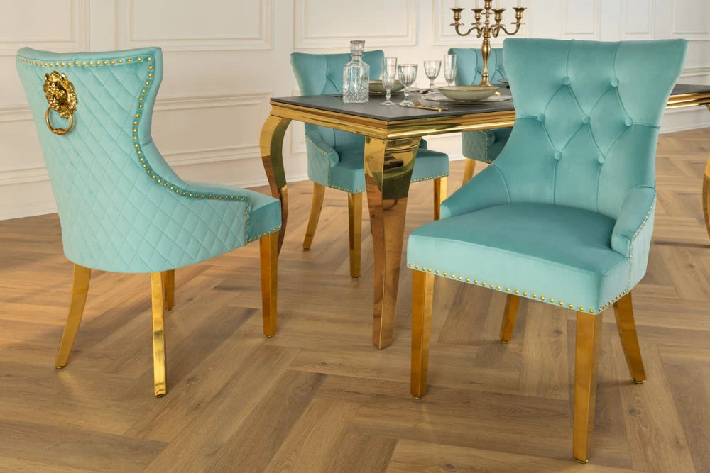 Set 2 scaune tapitat cu Catifea Albastru deschis si picioare din Otel inoxidabil Auriu H94xL50xA62cm Castle deluxe