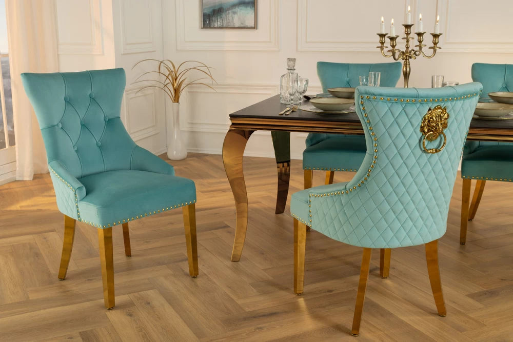Set 2 scaune tapitat cu Catifea Albastru deschis si picioare din Otel inoxidabil Auriu H94xL50xA62cm Castle deluxe