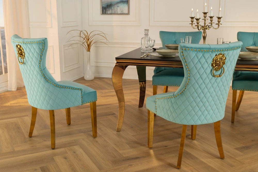 Set 2 scaune tapitat cu Catifea Albastru deschis si picioare din Otel inoxidabil Auriu H94xL50xA62cm Castle deluxe