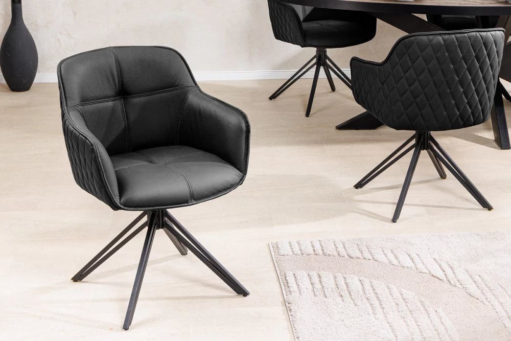 Set 2 scaune rotative cu brate  tapitat cu Piele naturala Negru si picioare din Metal Negru H82xL58xA60cm Euphoria