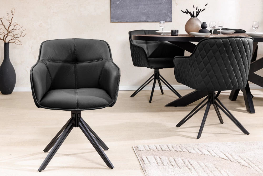 Set 2 scaune rotative cu brate  tapitat cu Piele naturala Negru si picioare din Metal Negru H82xL58xA60cm Euphoria