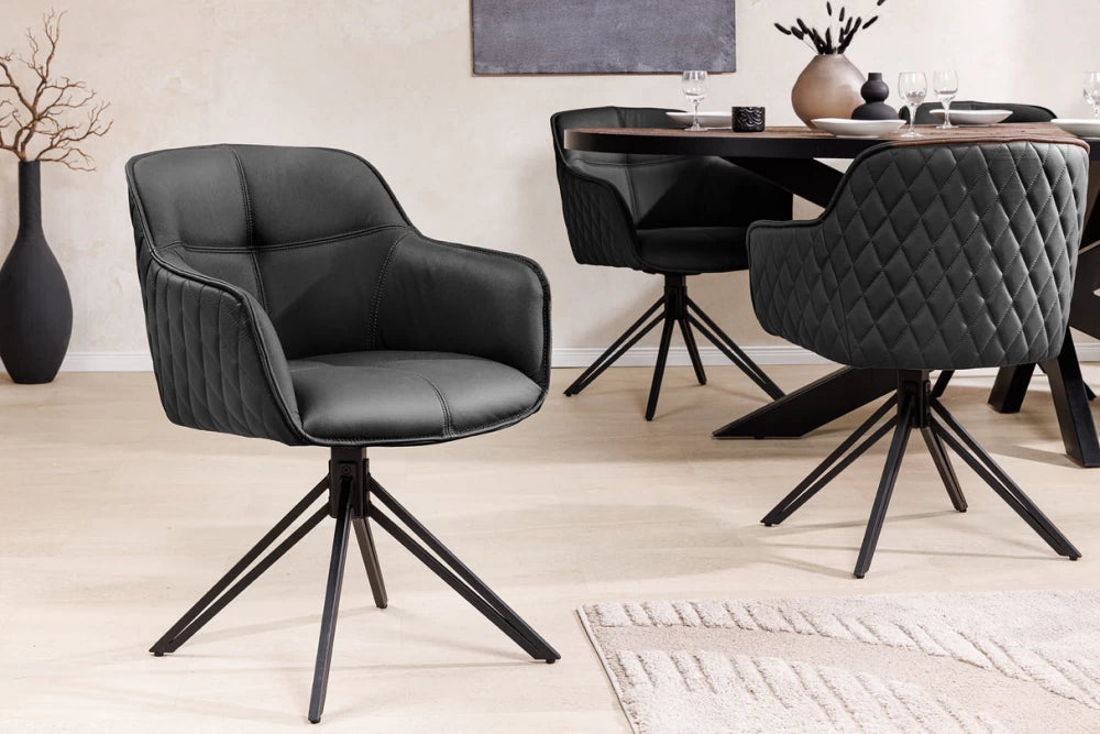 Set 2 scaune rotative cu brate  tapitat cu Piele naturala Negru si picioare din Metal Negru H82xL58xA60cm Euphoria