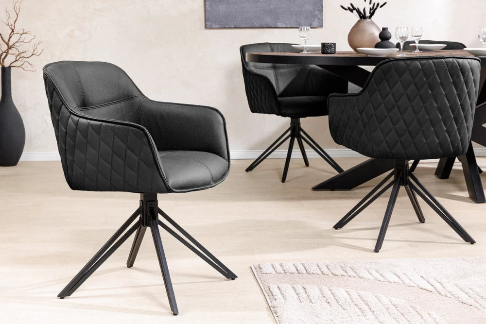 Set 2 scaune rotative cu brate  tapitat cu Piele naturala Negru si picioare din Metal Negru H82xL58xA60cm Euphoria