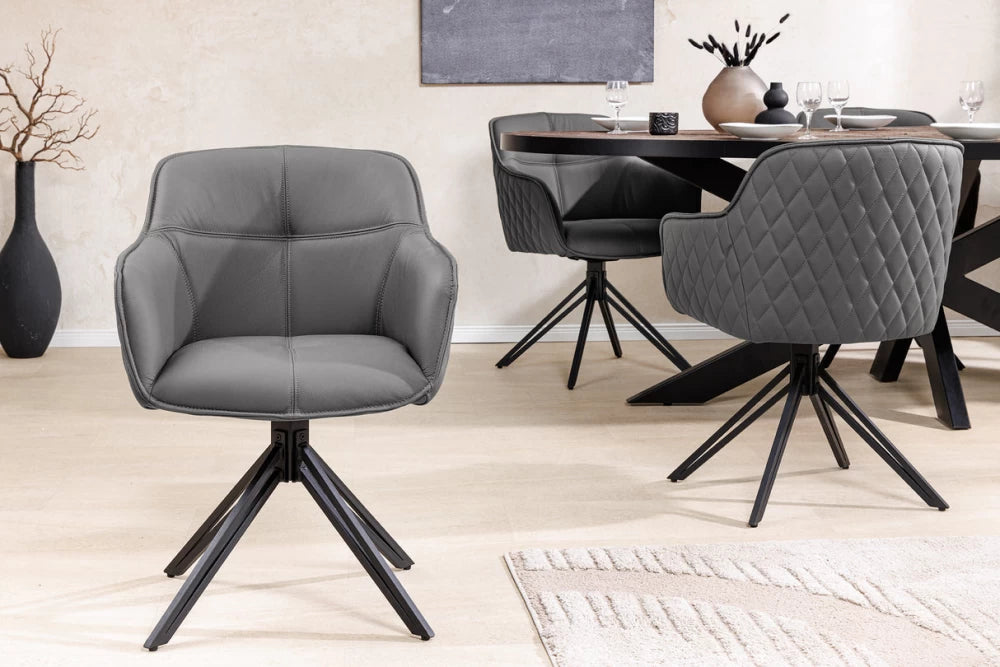 Set 2 scaune rotative cu brate  tapitat cu Piele naturala Gri si picioare din Metal Negru H82xL58xA60cm Euphoria