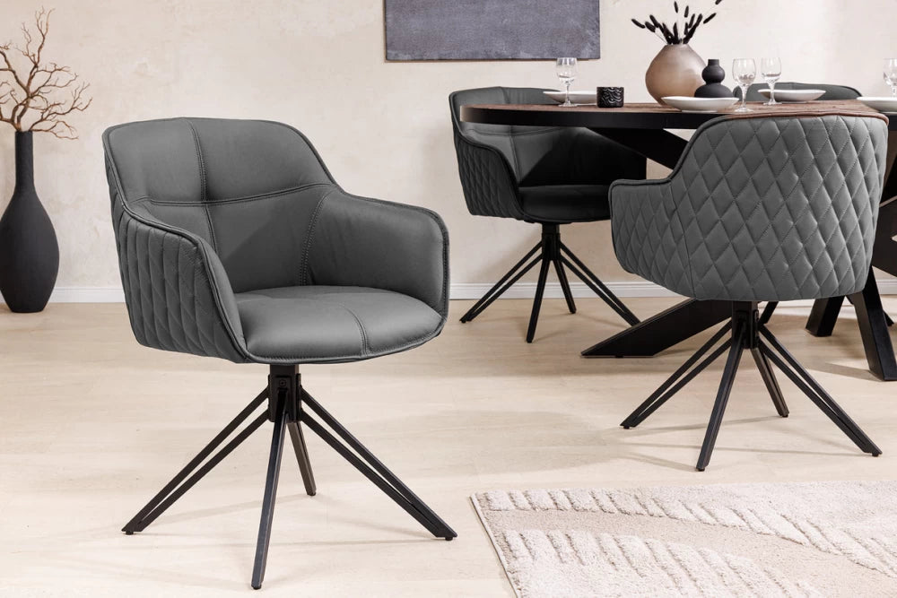 Set 2 scaune rotative cu brate  tapitat cu Piele naturala Gri si picioare din Metal Negru H82xL58xA60cm Euphoria