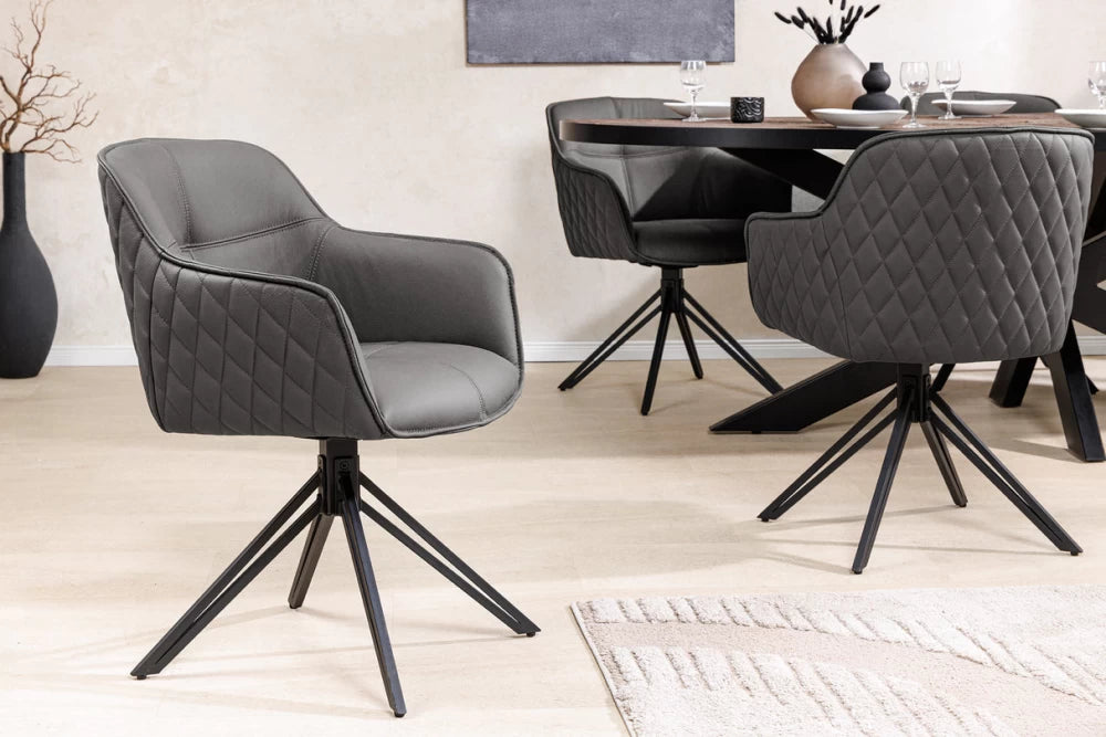 Set 2 scaune rotative cu brate  tapitat cu Piele naturala Gri si picioare din Metal Negru H82xL58xA60cm Euphoria