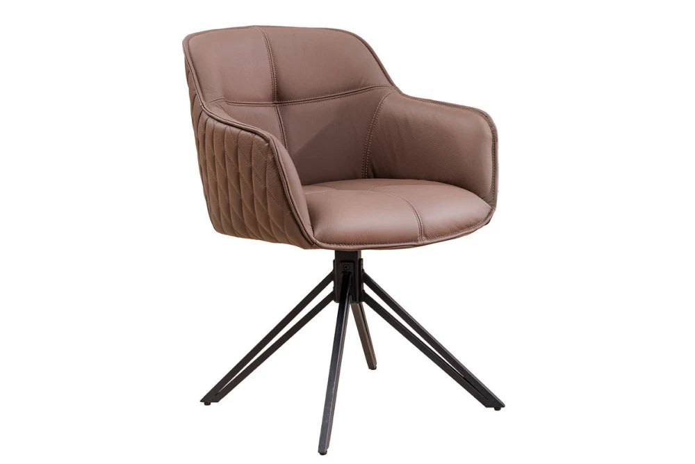 Set 2 scaune rotative cu brate tapitat cu Piele naturala Maro si picioare din Metal Negru H82xL58xA60cm Euphoria