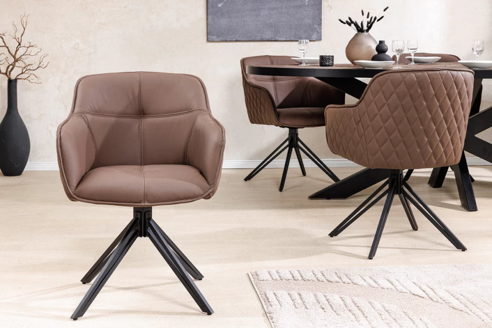 Set 2 scaune rotative cu brate tapitat cu Piele naturala Maro si picioare din Metal Negru H82xL58xA60cm Euphoria