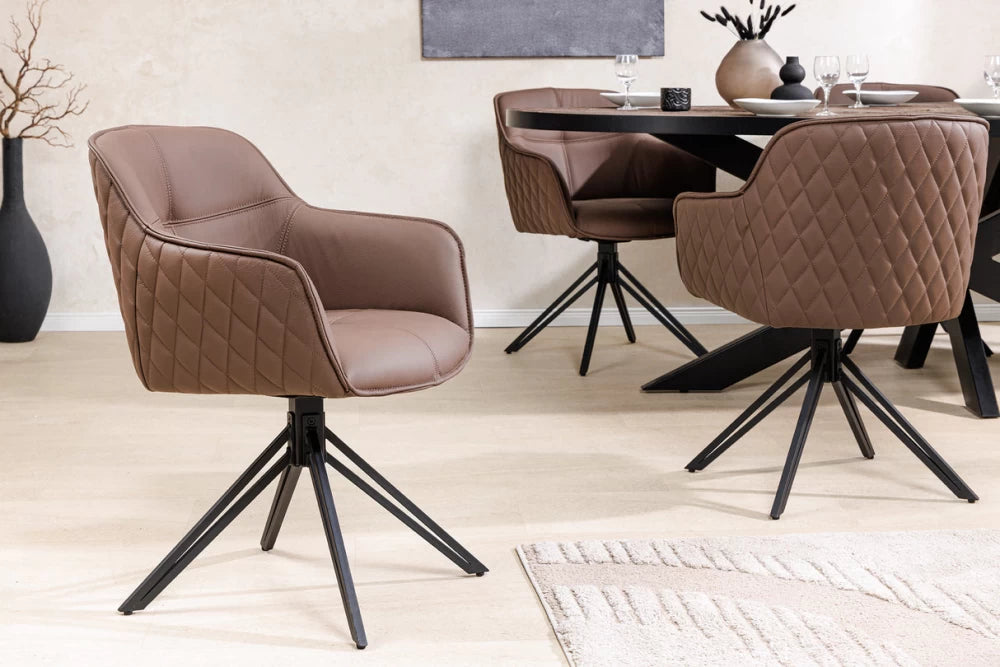 Set 2 scaune rotative cu brate tapitat cu Piele naturala Maro si picioare din Metal Negru H82xL58xA60cm Euphoria