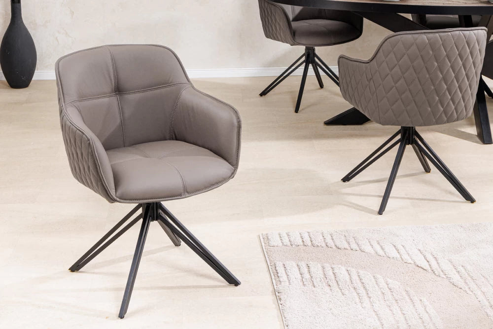 Set 2 scaune rotative cu brate  tapitat cu Piele naturala Maro taupe si picioare din Metal Negru H82xL58xA60cm Euphoria