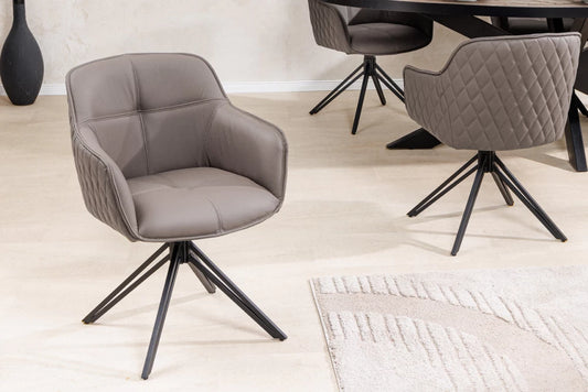 Set 2 scaune rotative cu brate  tapitat cu Piele naturala Maro taupe si picioare din Metal Negru H82xL58xA60cm Euphoria